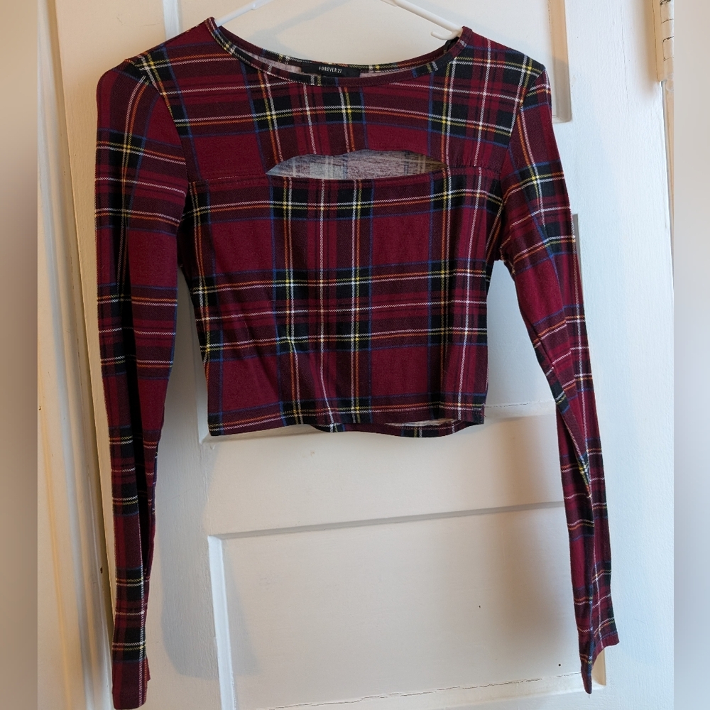 Plaid Long Sleeve Crop Top - Red